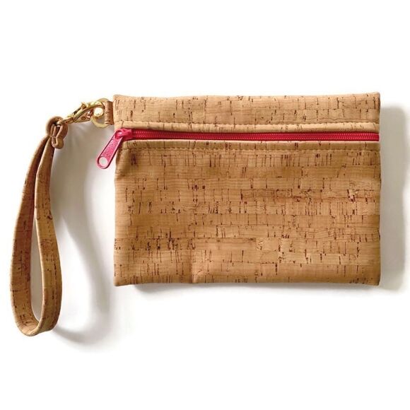 Cork Wristlet Clutch Bag Pink Zipper Preppy Pouch Casual Evening Classic Summer - Picture 1 of 13